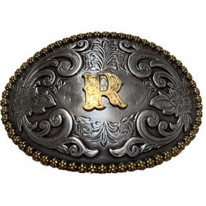 NOCONA Silver Oval Men’s Belt Buckle, Gold Rope Border 4” x 2.75” Initial EUC